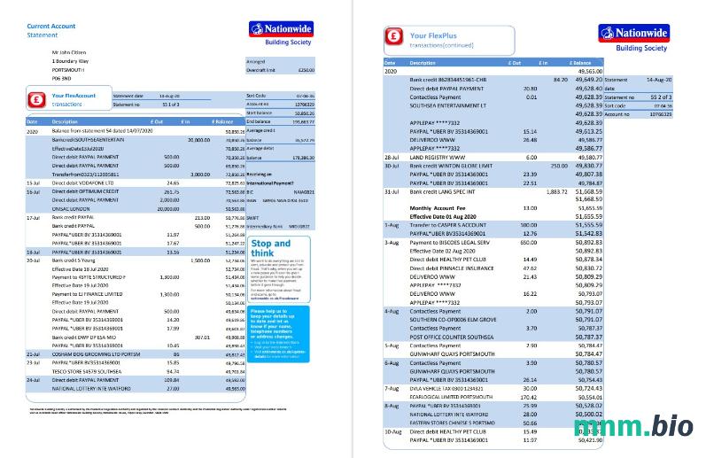 Wielka Brytania Nationwide wyciąg bankowy szablon w .doc i .format pdf (5 stron)